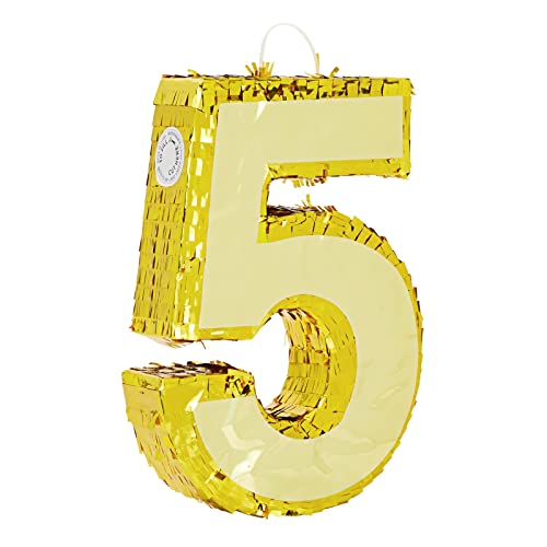 Blue Panda Gold Foil Number 5 Pinata  Pinatas for Birthday Party Table Centerpiece  Game  EasyFill Design  5th Birthday Decorations  Gold Paper Small 155 x 105 x 3 in - Image 1