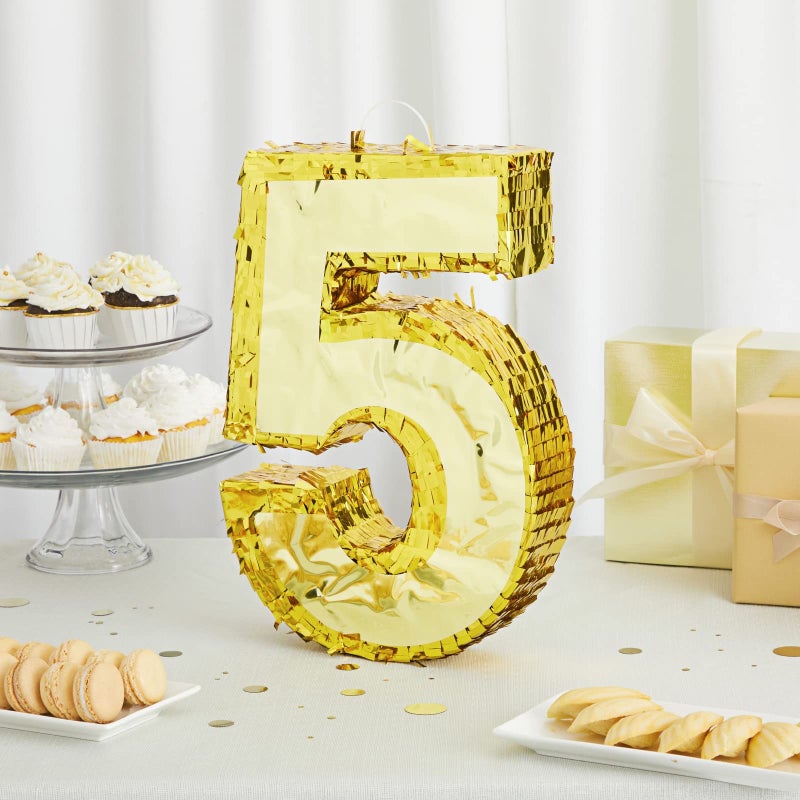 Blue Panda Gold Foil Number 5 Pinata  Pinatas for Birthday Party Table Centerpiece  Game  EasyFill Design  5th Birthday Decorations  Gold Paper Small 155 x 105 x 3 in - Image 3
