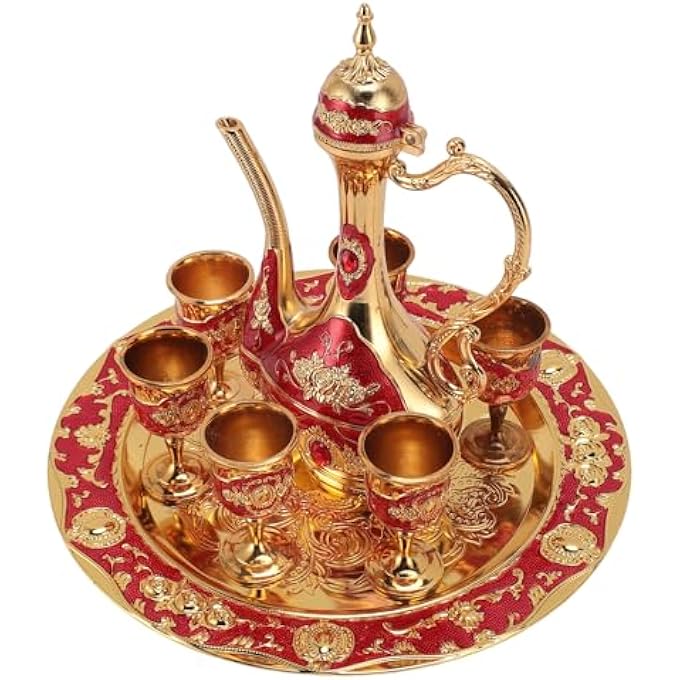 Asixxsix Vintage Turkish Coffee Pot And Cups Set Metal Turkish Tea Set With 6 Coffee Cups And Tea Tray Luxury Teapot For Home Party Housewarming Table Decor GoldRed - Image 5
