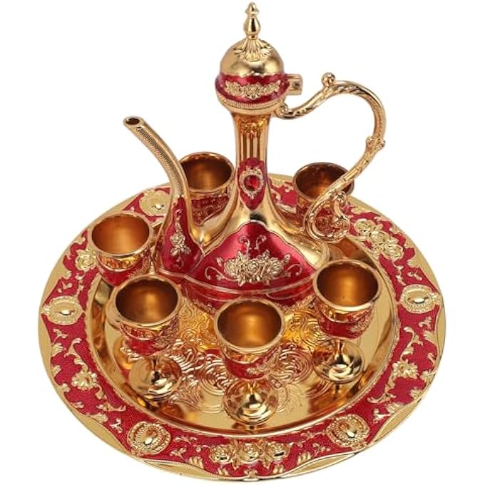 Asixxsix Vintage Turkish Coffee Pot And Cups Set Metal Turkish Tea Set With 6 Coffee Cups And Tea Tray Luxury Teapot For Home Party Housewarming Table Decor GoldRed - Image 3