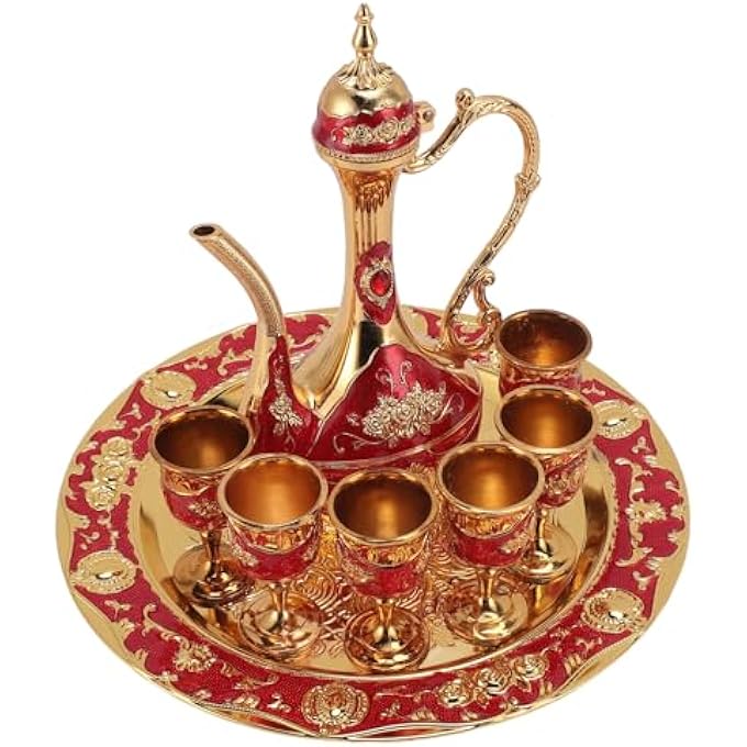 Asixxsix Vintage Turkish Coffee Pot And Cups Set Metal Turkish Tea Set With 6 Coffee Cups And Tea Tray Luxury Teapot For Home Party Housewarming Table Decor GoldRed - Image 4
