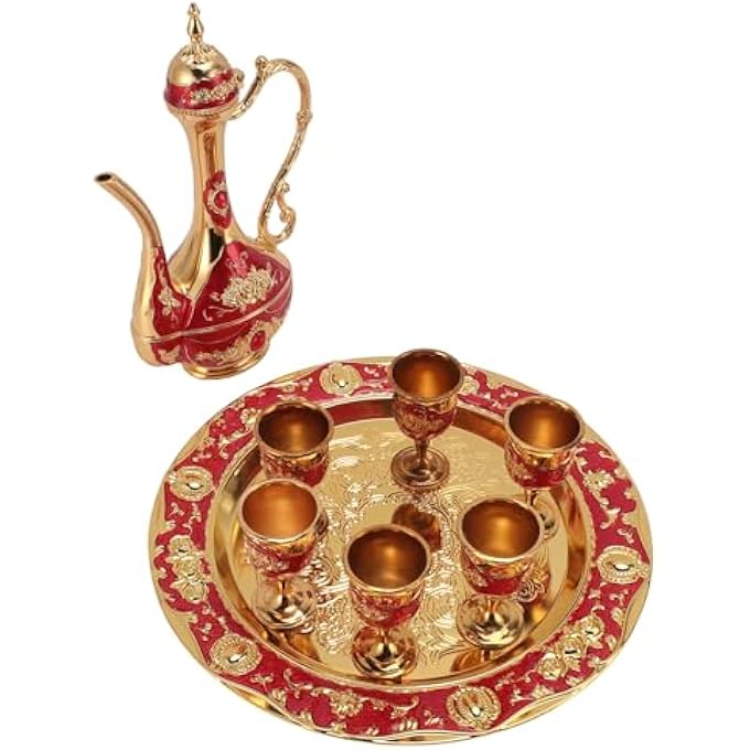Asixxsix Vintage Turkish Coffee Pot And Cups Set Metal Turkish Tea Set With 6 Coffee Cups And Tea Tray Luxury Teapot For Home Party Housewarming Table Decor GoldRed - Image 2
