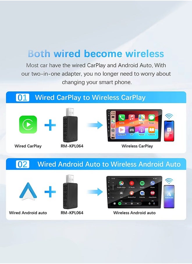 Wireless Carplay Android Auto 2in1, Wireless Adapter Smart Dongle WifiBluetooth, Wired Type-C/USB Adapter, 5Ghz WiFi Fast Auto Connect PlugPlay OTA Upgrade