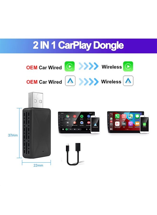 Wireless Carplay Android Auto 2in1, Wireless Adapter Smart Dongle WifiBluetooth, Wired Type-C/USB Adapter, 5Ghz WiFi Fast Auto Connect PlugPlay OTA Upgrade