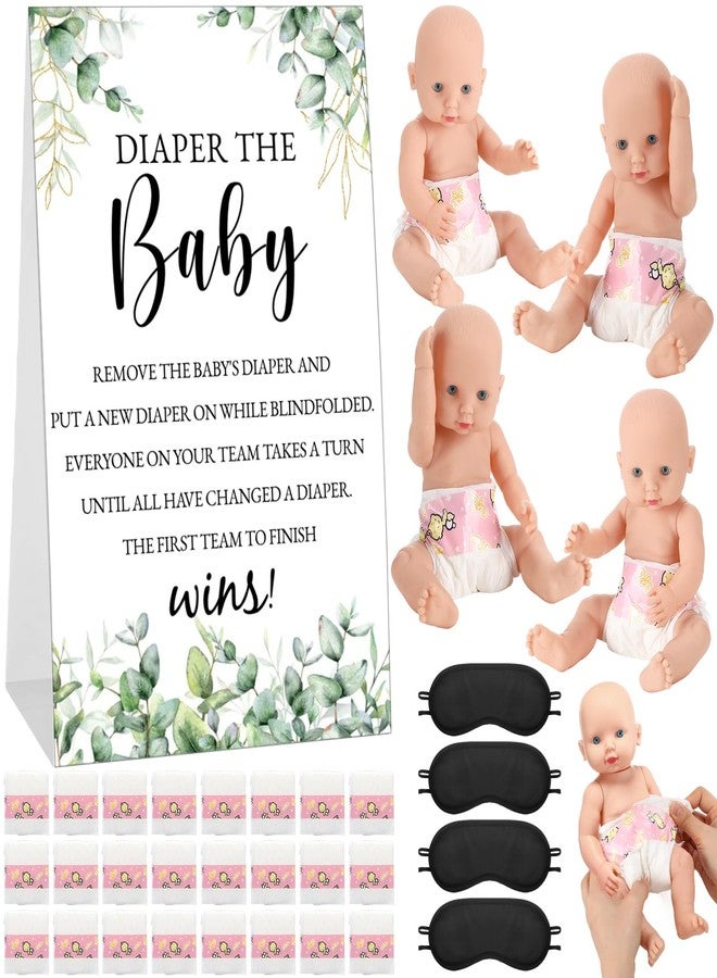 RoundFunny 33 Pcs Baby Shower Blindfolded Diaper Changing Games Supplies Including 4 Baby Dolls 4 Blindfold 24 Diapers and 1 Sign for Changing Race Party Favor Gender Reveal Game - Image 1