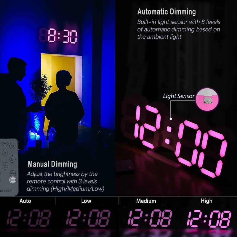 KOSUMOSU ساعة LED وردية ساعة حائط ثلاثية الأبعاد 9.7 بوصة ساعة طاولة لغرفة المعيشة ساعة رقمية عصرية لغرفة النوم ساعة منضدية جمالية بجانب السرير مع جهاز تحكم عن بعد/تعتيم/12/24 ساعة/درجة حرارة/منبه/تاريخ - Image 3