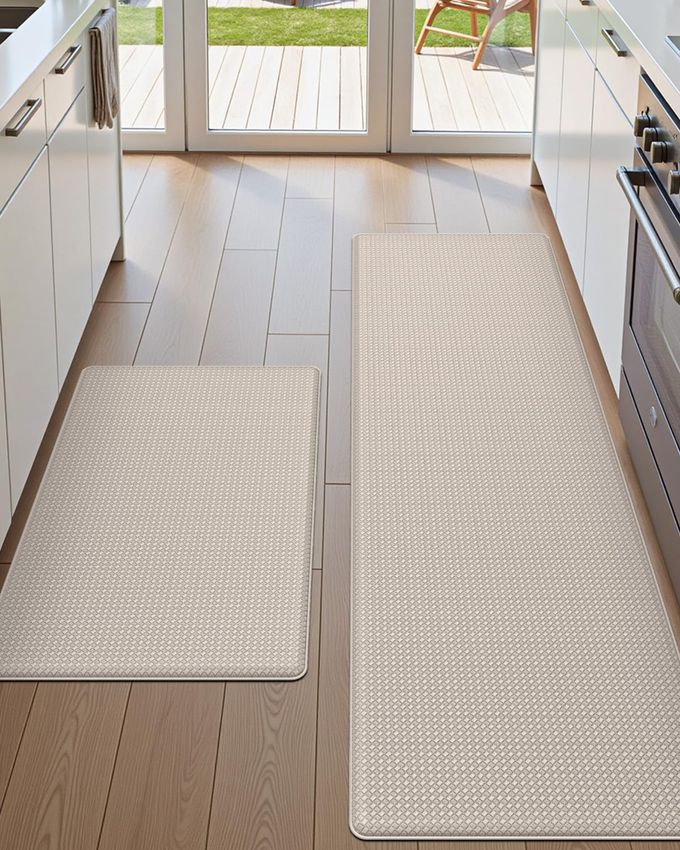 DEXI Kitchen Floor Mats Cushioned Anti Fatigue,17x29+17x59, Standing Runner Rug Waterproof, Comfort Memory Foam Padded for Front Sink Laundry Set of 2, Beige - Image 1