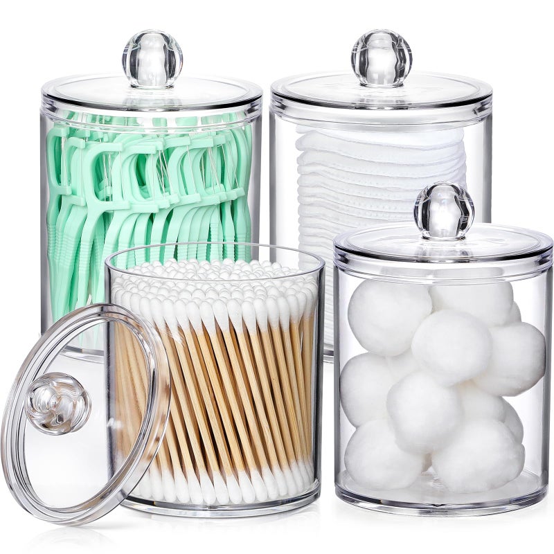 Aozita 4 Pack Acrylic Qtip Holder Dispenser for Cotton Swabs, Balls, Pads, Floss Picks- Small Clear Plastic Canister Apothecary Jar Set, Bathroom Essentials Accessories Decor, Vanity Makeup Storage Organizer  - Image 1