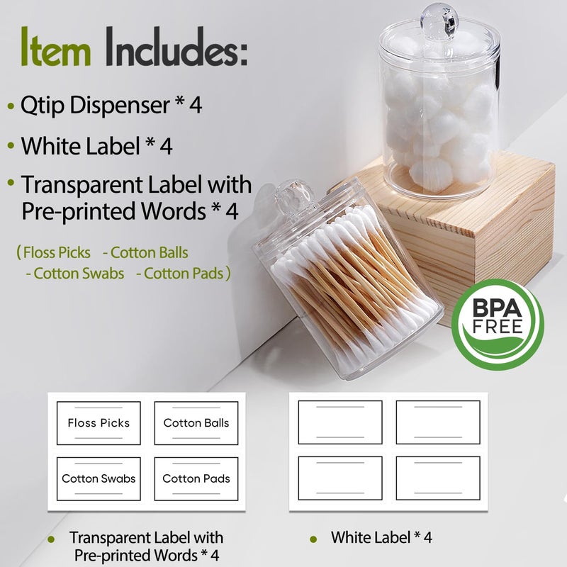 Aozita 4 Pack Acrylic Qtip Holder Dispenser for Cotton Swabs, Balls, Pads, Floss Picks- Small Clear Plastic Canister Apothecary Jar Set, Bathroom Essentials Accessories Decor, Vanity Makeup Storage Organizer  - Image 2