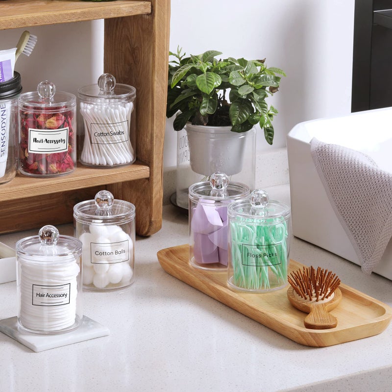 Aozita 4 Pack Acrylic Qtip Holder Dispenser for Cotton Swabs, Balls, Pads, Floss Picks- Small Clear Plastic Canister Apothecary Jar Set, Bathroom Essentials Accessories Decor, Vanity Makeup Storage Organizer  - Image 4