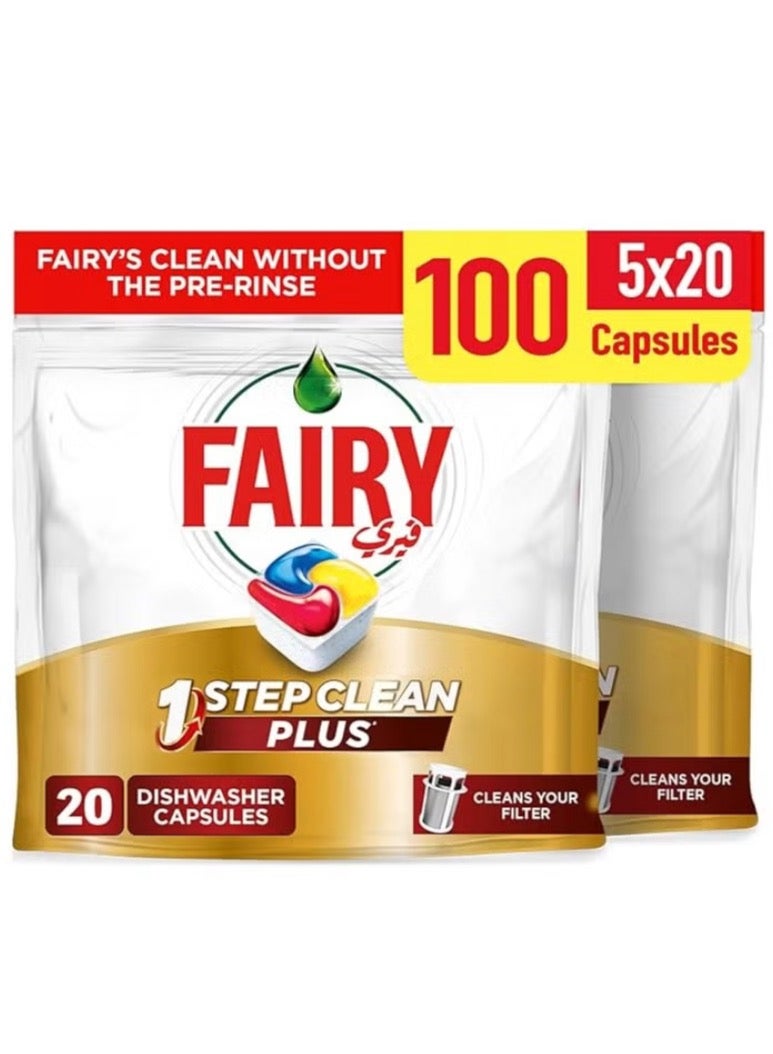 Fairy 1 Step Clean Plus Automatic Dishwasher Tablets, Lemon Scent, 5x20 Tablets