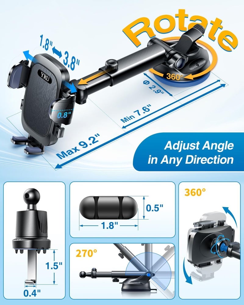 YRU 2025 Military-Grade Car Phone Holder with Strong Suction and Anti-Shock Clip - 360° Rotatable for All Vehicles - Image 5