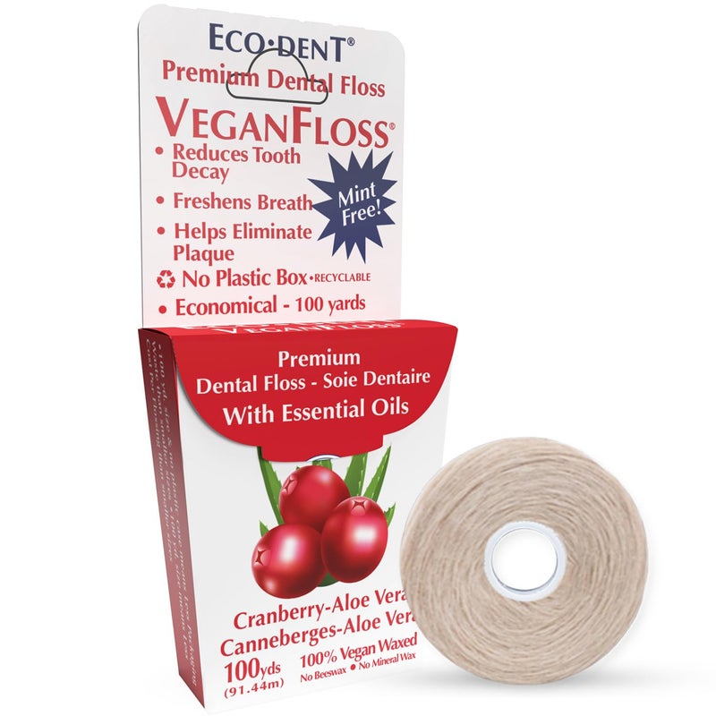 EcoDent VeganFloss Dental Floss Waxed CranberryAloe Floss with Vegan PlantBased Wax Recyclable Cardboard Packaging 100 Yds DailyRinse SingleUse Pack