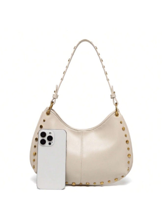 Women's Street Punk Studded Adjustable Shoulder Crossbody Saddle Bag, Fashion Handbag with Chain Strap - Image 3