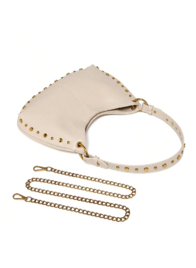Women's Street Punk Studded Adjustable Shoulder Crossbody Saddle Bag, Fashion Handbag with Chain Strap - Image 5