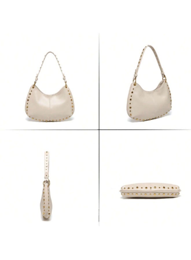 Women's Street Punk Studded Adjustable Shoulder Crossbody Saddle Bag, Fashion Handbag with Chain Strap - Image 4