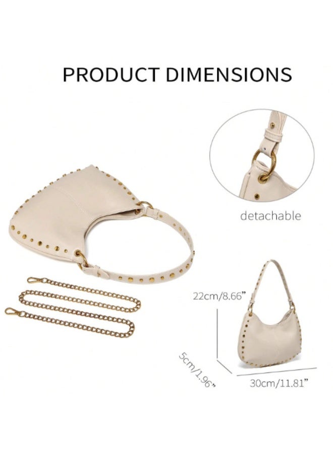 Women's Street Punk Studded Adjustable Shoulder Crossbody Saddle Bag, Fashion Handbag with Chain Strap - Image 2