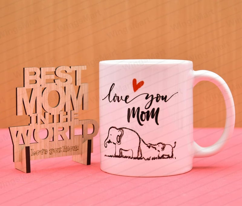 Wings Mart Love You Mom Printed Mug 330 ml with Best Mom Wooden Showpieces Best Gift for Mothers Day Gift for Mom Mother Mummy Grandmother Best Gift Mom Best Gift Combo Style A - Image 1