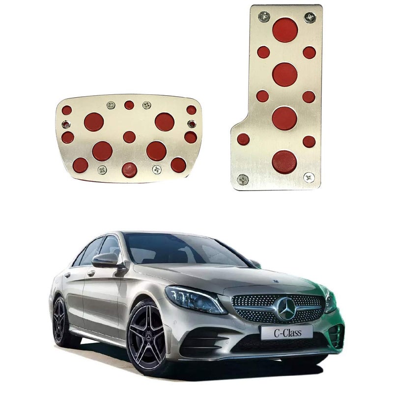 Oshotto 2 Pcs Non-Slip Automatic Transmission CS-04 Car Pedals Kit Pad Covers Set Compatible with Mercedes Benz C-Class (Red, Chrome) - Image 1