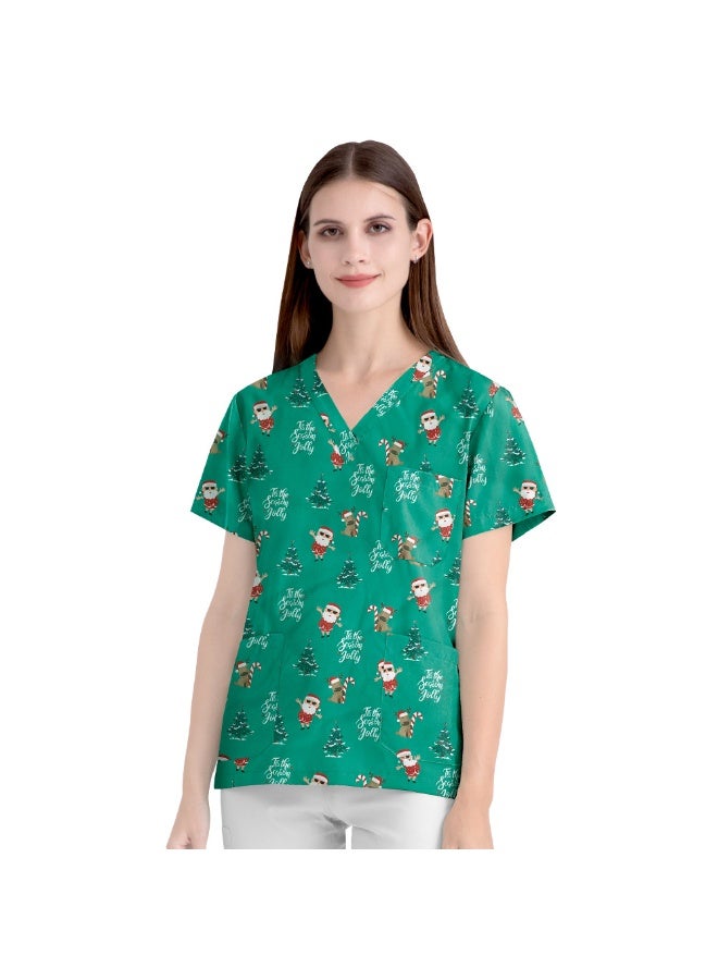 NIBEMINENT Elastic Teeth Dental Christmas Cartoon Pattern Short Sleeved Women's V-Neck Printed Top Nurse Uniform - Image 1