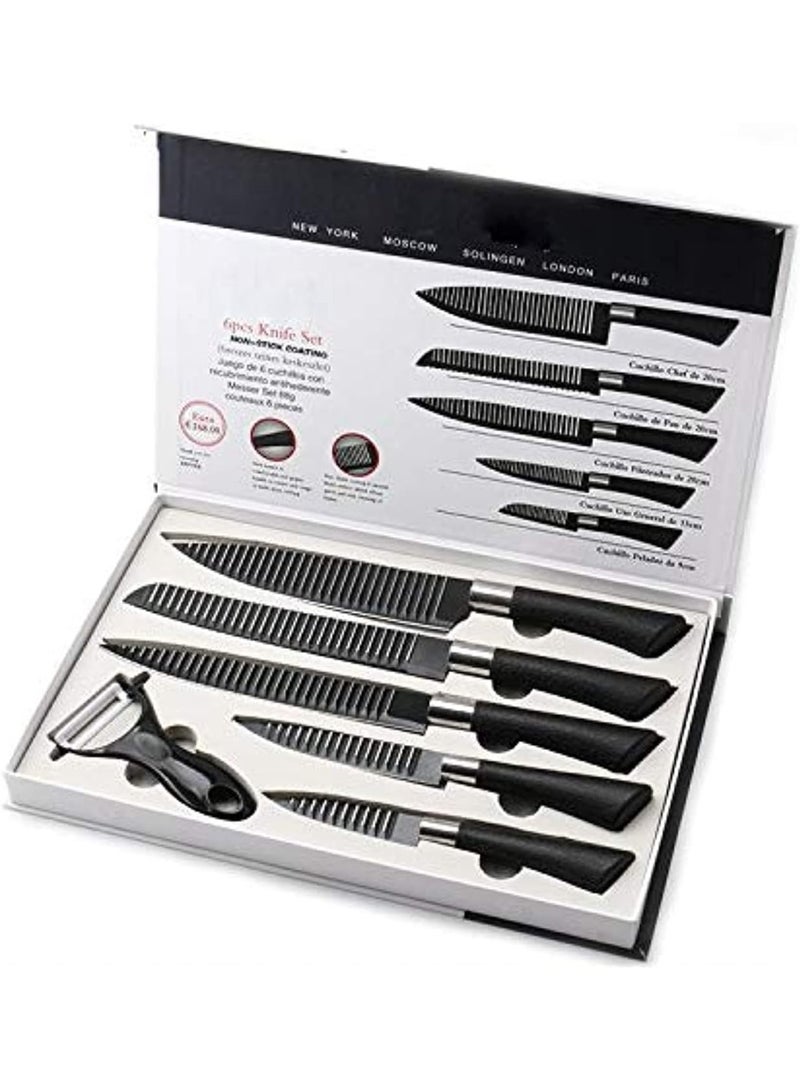 Stainless steel knife set (6 pieces, black) - Kitchen knife set with peeler and scissors - Non-stick lightweight kitchen knives with comfortable handle including chef's knife, slicing knife, paring knife, vegetable peeler, and scissors - Image 1