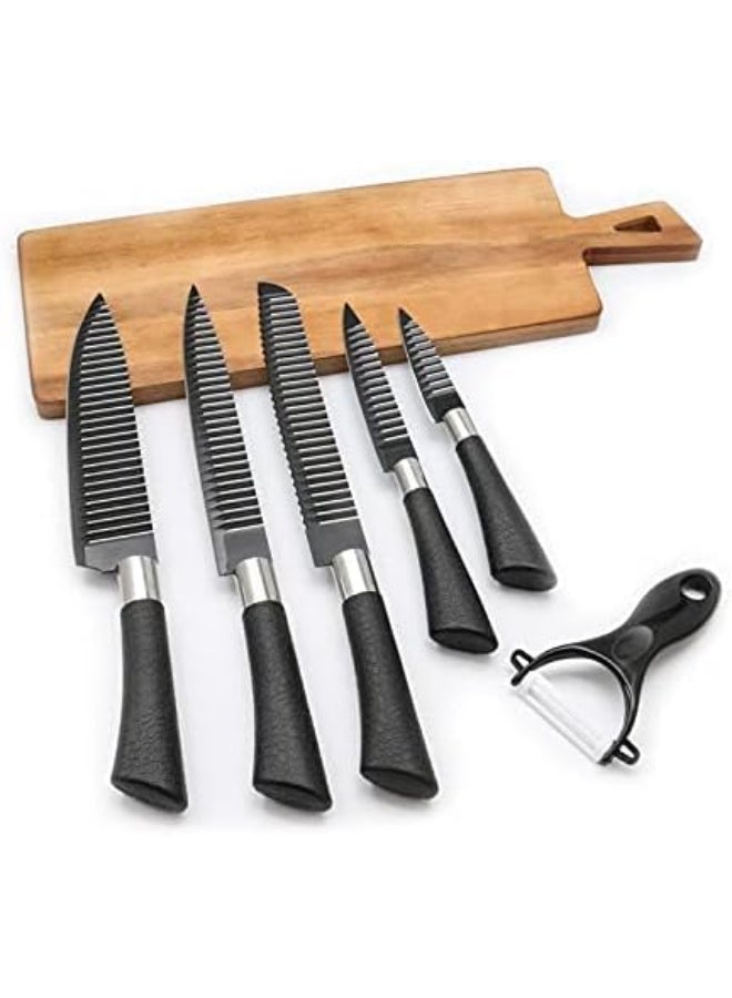 Stainless steel knife set (6 pieces, black) - Kitchen knife set with peeler and scissors - Non-stick lightweight kitchen knives with comfortable handle including chef's knife, slicing knife, paring knife, vegetable peeler, and scissors - Image 3