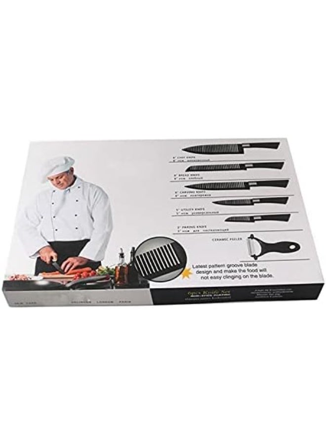 Stainless steel knife set (6 pieces, black) - Kitchen knife set with peeler and scissors - Non-stick lightweight kitchen knives with comfortable handle including chef's knife, slicing knife, paring knife, vegetable peeler, and scissors - Image 4