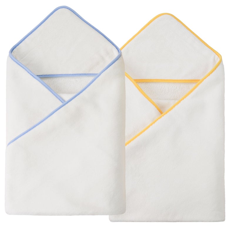 POLYTE Premium Hypoallergenic Microfiber Hooded Baby Bath Towel, 36 x 36 in, 2 Pack (White w/Yellow,Blue Trim) - Image 1