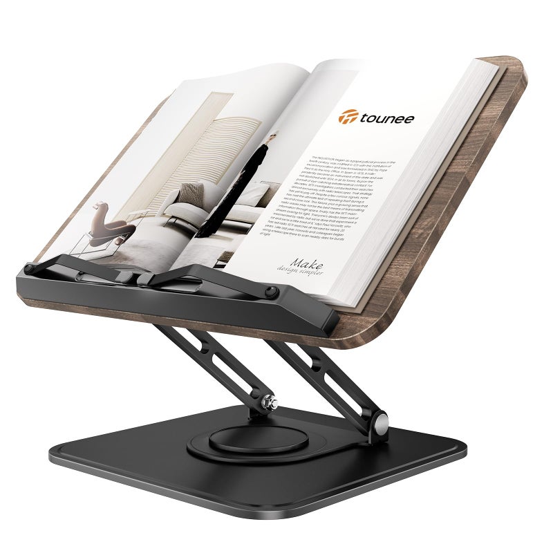 Tounee Book Stand, 360Â° Rotating Reading Book Holder, Adjustable Cookbook Holder for Reading Hands-Free, Foldable Desktop Recipe Book Stand with Protective Page Clips, Fits All Books - Black - Image 1