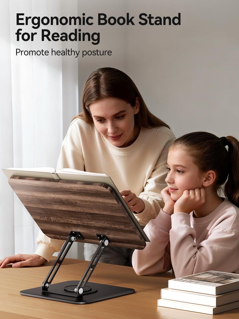 Tounee Book Stand, 360Â° Rotating Reading Book Holder, Adjustable Cookbook Holder for Reading Hands-Free, Foldable Desktop Recipe Book Stand with Protective Page Clips, Fits All Books - Black - Image 2