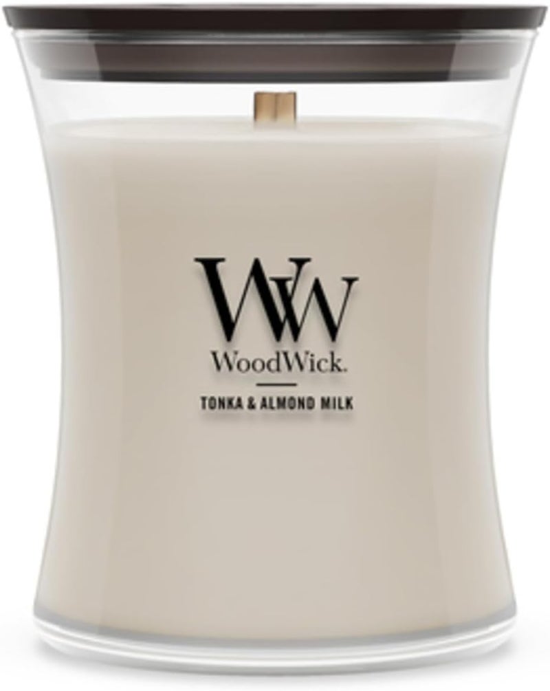WoodWick Medium Hourglass Candle, Tonka/Almond Milk - Premium Soy Blend Wax, Pluswick Innovation Wood Wick, Made in USA - Image 1