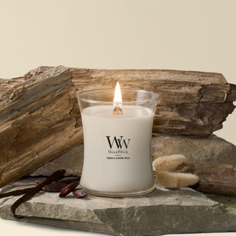 WoodWick Medium Hourglass Candle, Tonka/Almond Milk - Premium Soy Blend Wax, Pluswick Innovation Wood Wick, Made in USA - Image 2