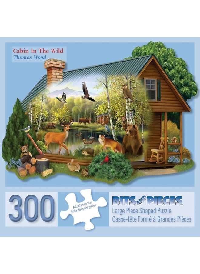 Bits and Pieces Bits and Pieces - 300 Piece Shaped Jigsaw Puzzle for Adults Measures 20" x 27" - Cabin in The Wild - 300 pc Forest Animals Jigsaw by Artist Thomas Wood  - Image 1