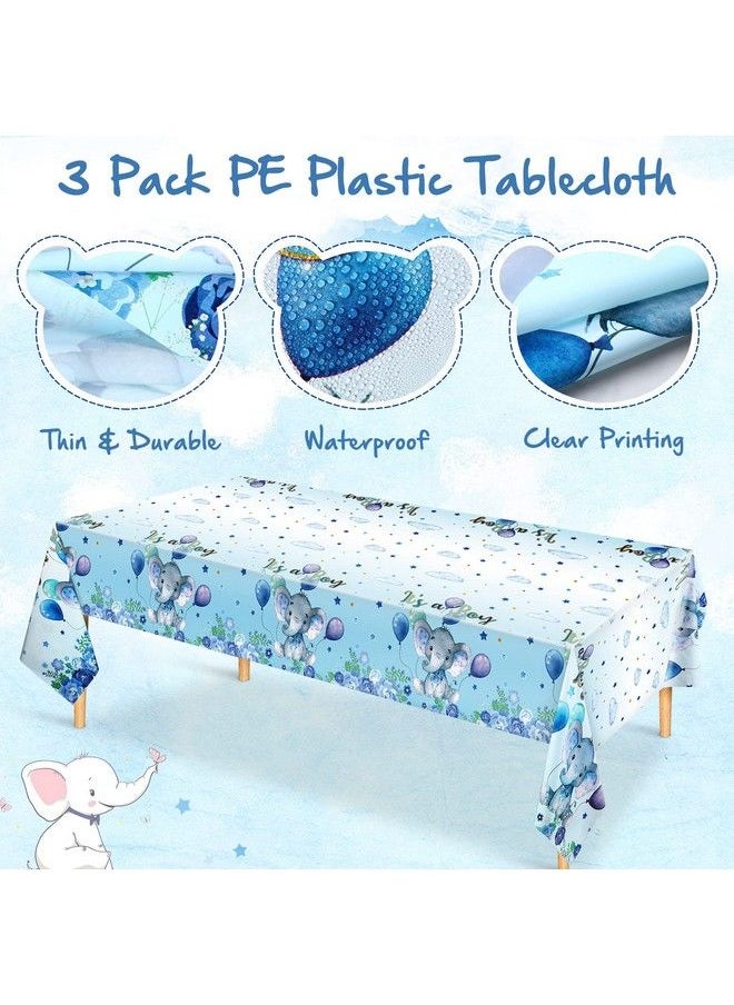 Moukeren - 3 Pack Baby Shower Tablecloths Elephant Plastic Baby Shower Table Cover Rectangle Table Decors For Baby Boy Gender Reveal Birthday Baby Shower Party Supplies Elephant Theme Party 54 X 108 Inch (Boy) - Image 1