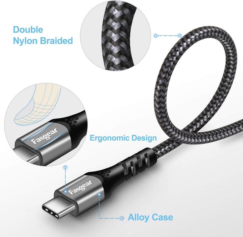 كابل USB-C إلى USB-C شحن سريع بقدرة 100 واط، 3 أمتار Fasgear 5A/20V توصيل الطاقة (PD) سلك من نوع Type-C مضفر من النايلون، سلك طويل شحن سريع، متوافق مع Mac-Book Pro وChromebook وPixelbook وi-Pad Pro وGalaxy S20 S10، أسود - Image 4