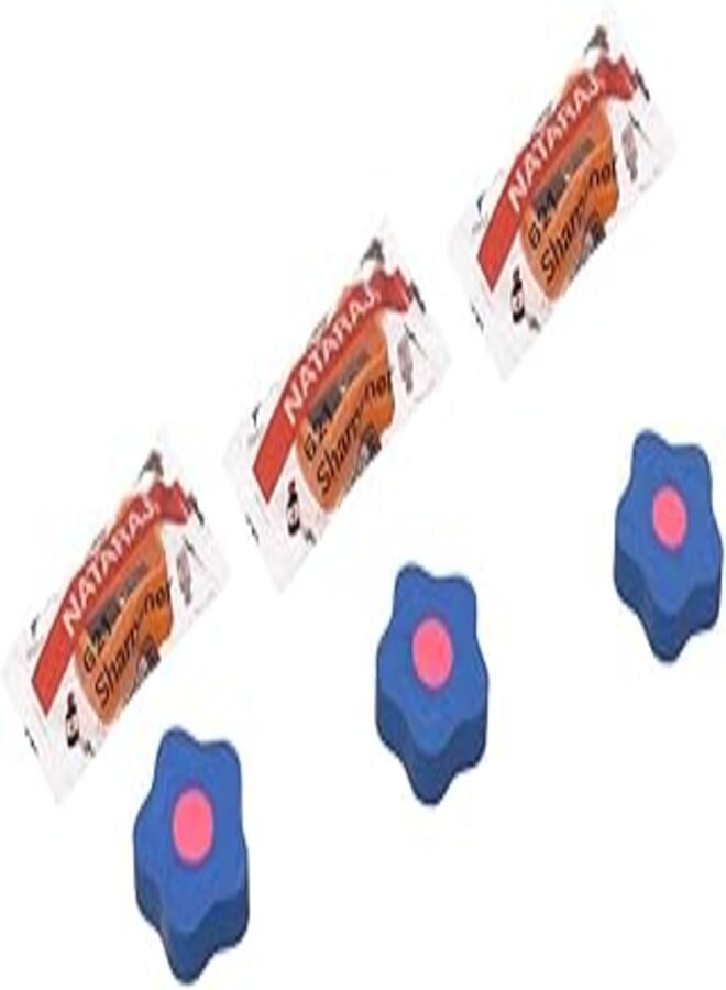 Nataraj Trikone Bundle of 3 Sharpeners & 3 Erasers Flower Shape - Orange Blue