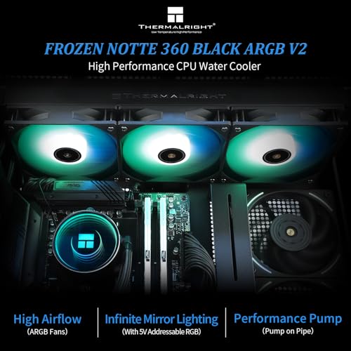 Thermalright مبرد وحدة المعالجة المركزية Thermalright Frozen Notte 360 Black ARGB V2، مبرد مياه 360 أسود، مواصفات مبرد وحدة المعالجة المركزية، 3×120 مم مراوح PWM، محامل S-FDB، مناسب لـ AMD/AM4، Intel LGA 1700/1150/1200/2011/2066 - Image 2
