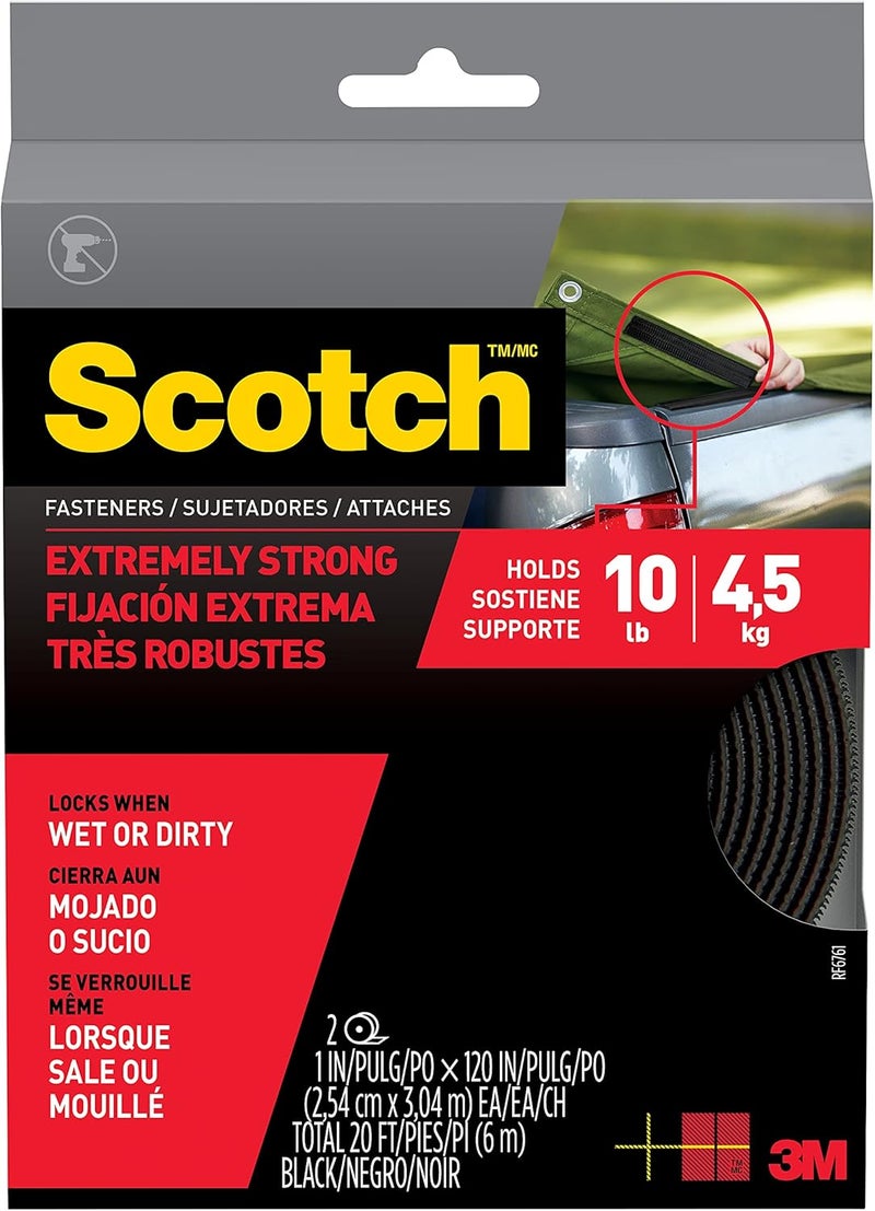 Scotch  Mount Extreme Fasteners 1Inx120In (2.54Cm X 3.04M), 1 Set Of Strips (2 Rolls)/Pack Holds 4.5 Kg Whole Roll Black Color Higher Adhesion Multi-Surface Easy To Use No Tools - Image 1
