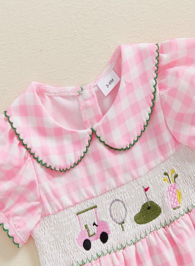 GOOCHEER Summer Baby Girl Romper Bodysuit Golf Plaid Embroidery Short Sleeve Jumpsuit Summer Clothes (Pink, 6-12 Months) - Image 2