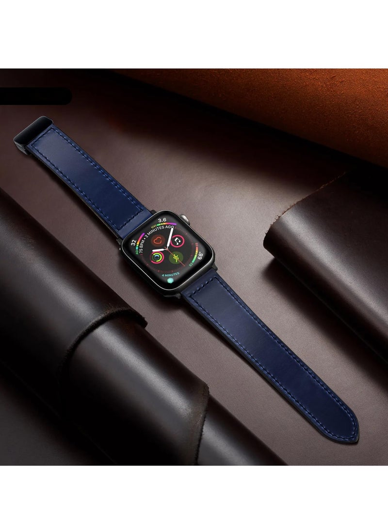 SYOSI - Magnetic Leather Watch Band for Apple Watch Ultra 49mm, 45mm, 44mm, 42mm, Genuine Leather Strap with Magnetic Buckle for Apple Watch Ultra 2 9 8 7 Series, Blue - Image 1