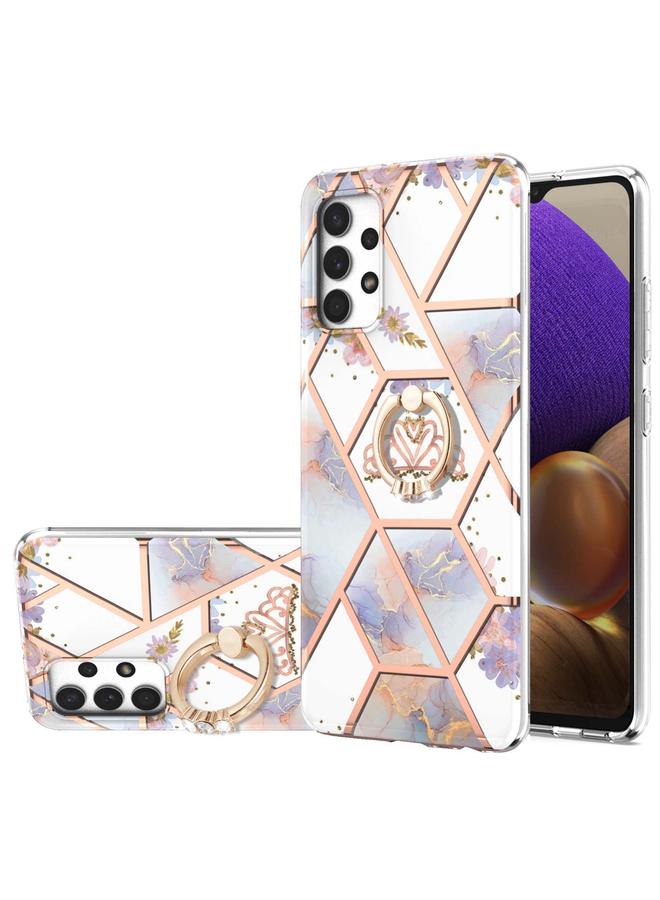 S-TOP Case For Samsung Galaxy A32 4G EU Version Electroplating Splicing Marble Flower Pattern TPU Shockproof Case with Rhinestone Ring Holder - Image 1