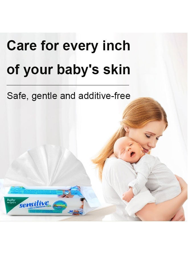 سينسيتف ٩٠ منديل مبلل للأطفال، ٩٩٫٩٪ ماء، مناديل أطفال غير معطرة وخالية من الكحول، مضادة للحساسية، مناسبة لبشرة الأطفال حديثي الولادة الحساسة - Image 2