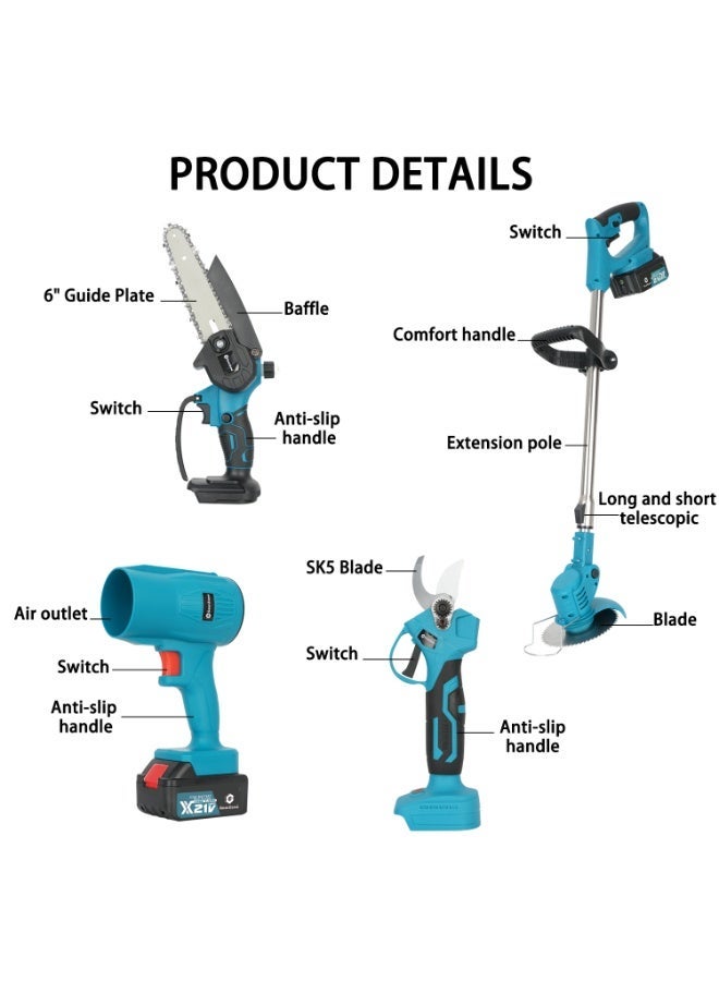 جيرزون مجموعة أدوات الحدائق الكهربائية 4 في 1 من جير زون، مقصات تقليم، منشار كهربائي، منفاخ أوراق، مقص عشب مع بطاريتين 4.0 أمبير/ساعة للاستخدام في الحدائق - أزرق - Image 2