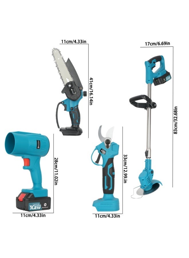جيرزون مجموعة أدوات الحدائق الكهربائية 4 في 1 من جير زون، مقصات تقليم، منشار كهربائي، منفاخ أوراق، مقص عشب مع بطاريتين 4.0 أمبير/ساعة للاستخدام في الحدائق - أزرق - Image 3