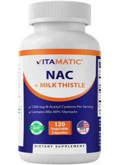 Health & Household Vitamatic Nac Supplement N-Acetyl-L-Cysteine (Nac) With Milk Thistle 50:1 Extract - Supports Immune, Respiratory, Liver Health, 1200 Mg Per Serving, 120 Veg Capsules  - Image 1