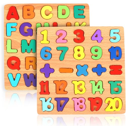 Rindion 2 Pack Wooden Puzzles Toddlers Alphabet Number Puzzles ABC Learning Toys for Kids Ages 35 Preschool Learning Activities Gift Set for Boys Girls - Image 1