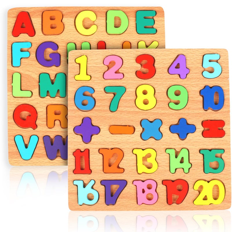 Rindion 2 Pack Wooden Puzzles Toddlers Alphabet Number Puzzles ABC Learning Toys for Kids Ages 35 Preschool Learning Activities Gift Set for Boys Girls - Image 3