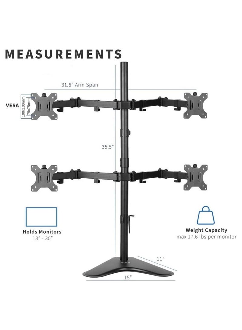 13 to 30 inch Monitor Free-Standing Mount, Fully Adjustable Desk Stand, Holds 4 Flat or Curved Display Screens - Image 3