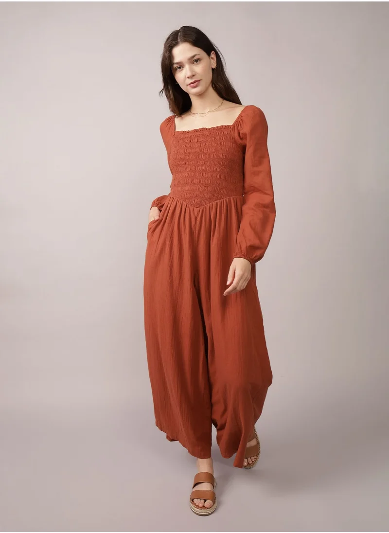 American Eagle AE Puff Sleeve Smocked Jumpsuit