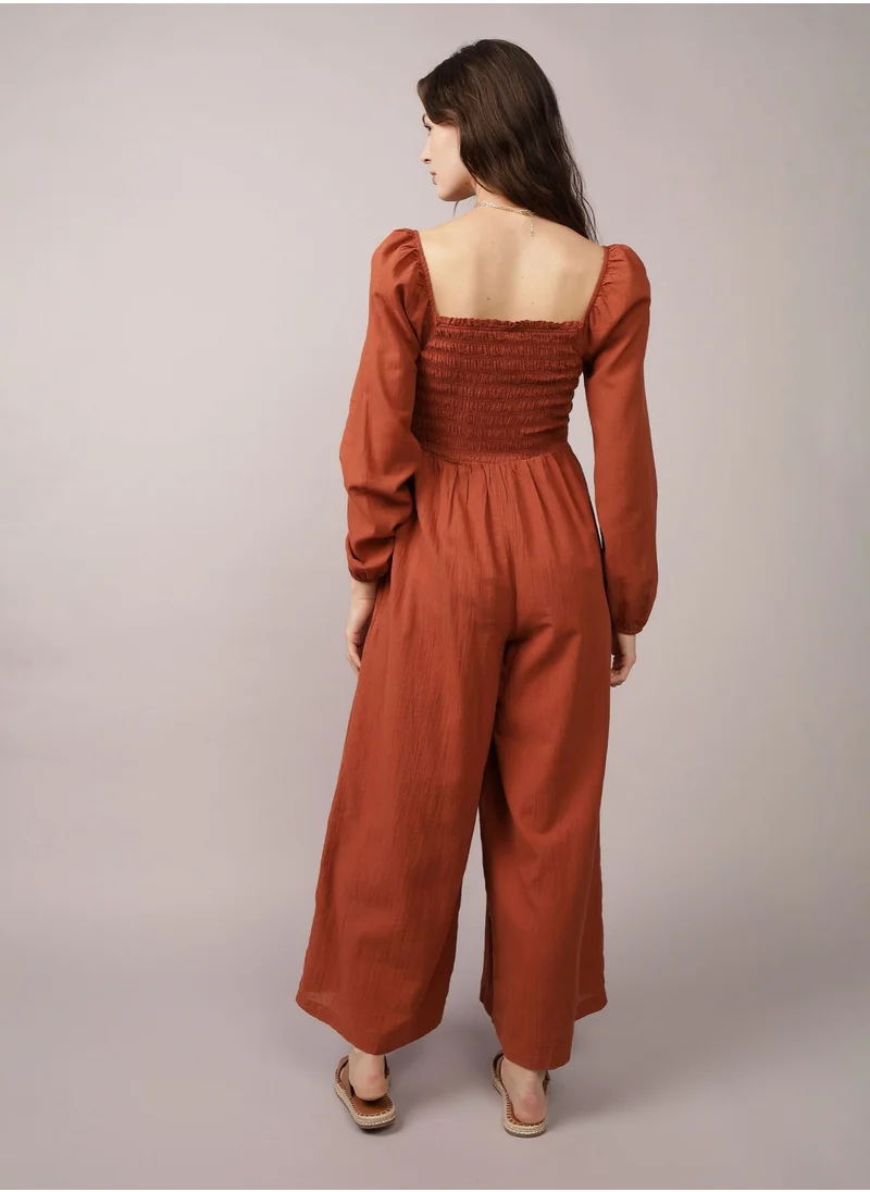 American Eagle AE Puff Sleeve Smocked Jumpsuit